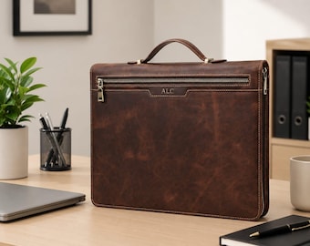 Personalized Leather Laptop Sleeve Portfolio, Handmade Leather Document Organizer, MacBook Case, Business Portfolio  Executive Gift for Men,