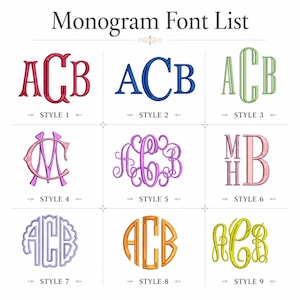 May include: Nine monogram font styles are shown, each with three letters in various colours and designs. Fonts include red, blue, green, pink, purple, and gold. The text "Monogram Font List" is at the top of the image.