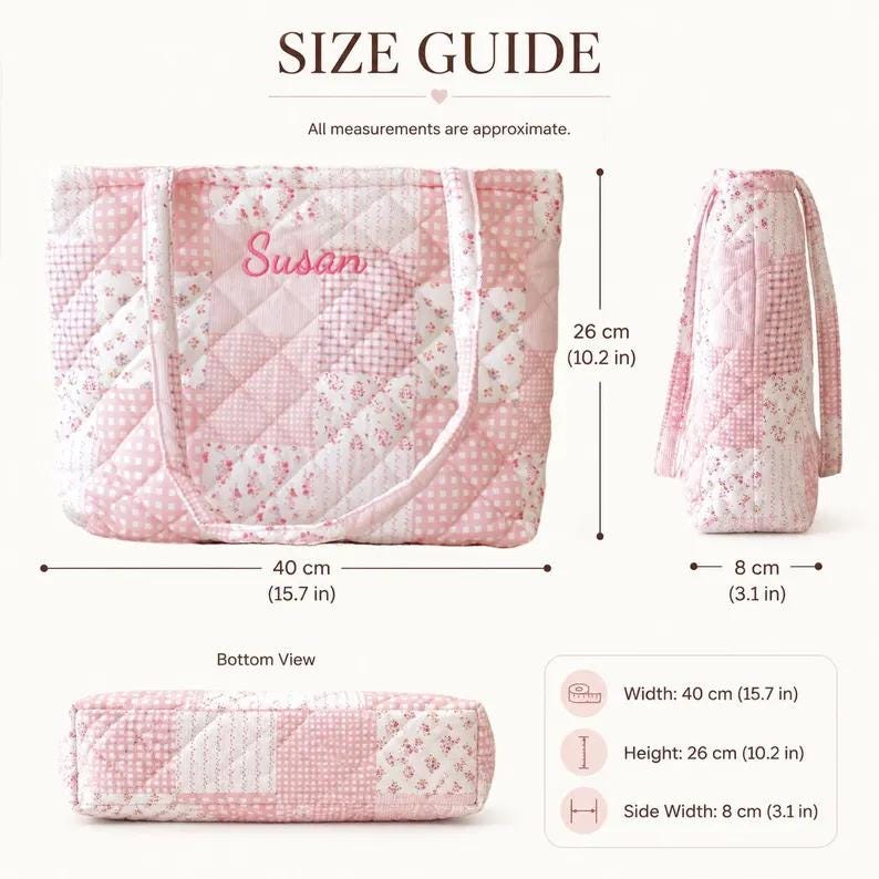 May include: Pink quilted tote bag with floral and polka dot patterns. The bag, measuring 40 cm wide, 26 cm high, and 8 cm in side width, has "Susan" embroidered on it. The image includes a size guide.