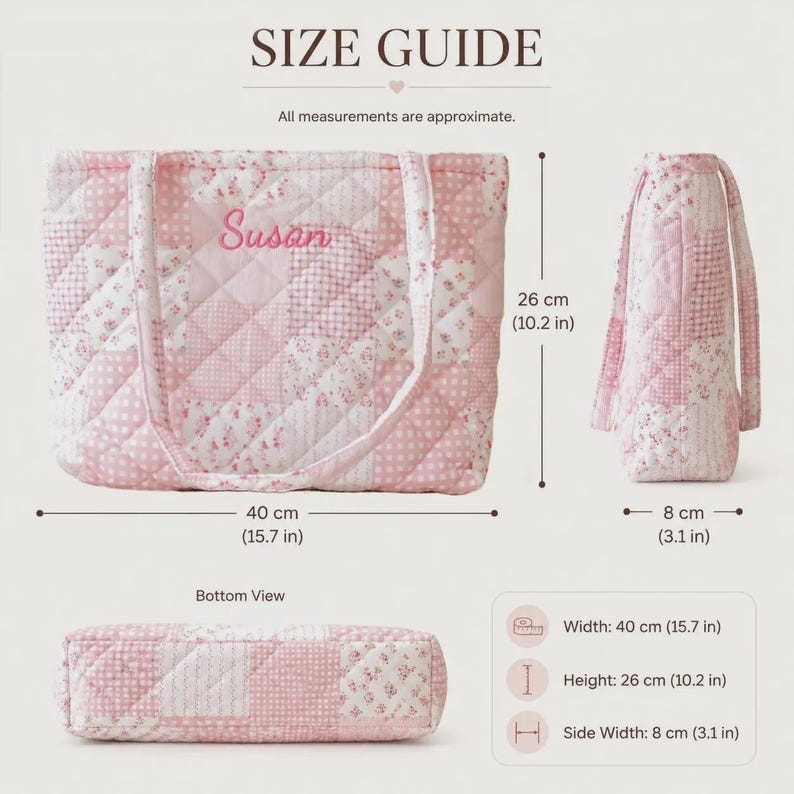 Pu&ograve; includere: Borsa tote trapuntata rosa con motivi floreali e a pois. La borsa &egrave; ricamata con il nome "Susan". Dimensioni: 40 cm di larghezza, 26 cm di altezza e 8 cm di larghezza laterale. L'immagine include una guida alle taglie.