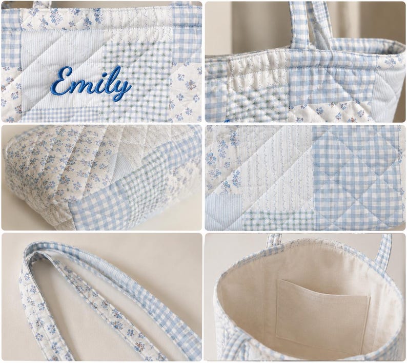 May include: A light blue and white patchwork tote bag with a quilted design. The bag features a floral print, a gingham pattern, and the name "Emily" embroidered in blue. The interior is cream-colored with a pocket.