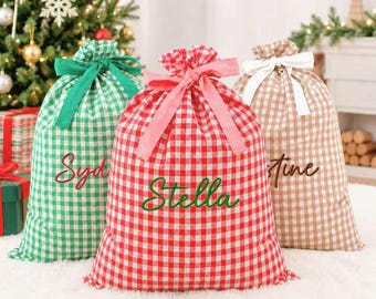 Personalized Christmas Gift Sack, Custom Name Santa Sack, Embroidered Gingham Gift Bag, Large Kids Christmas Present Bag, Gift Bag for Her
