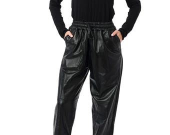 Damesbroek van echt lamsleer: Y2K-stijl, relaxte pasvorm, taille met trekkoord