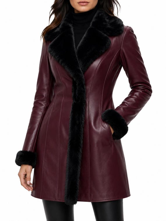 Womens Lambskin Leather Long Burgundy Jacket, Black Fur Collar Jacket, Fitted Sheepskin Winter Coat, Wine Red Ladies Trench Jacket