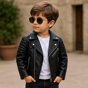 Puede incluir: Una chaqueta de motociclista de piel sintética negra con cremalleras de metal plateado, solapas con botones a presión y detalles acolchados en los hombros. La chaqueta se lleva sobre una camiseta blanca de cuello redondo y vaqueros oscuros.