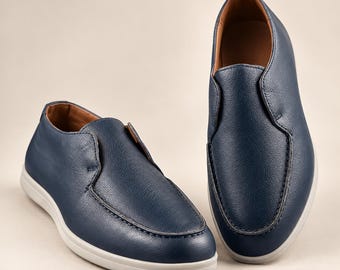 Men’s Turkish Leather Loafers, Navy Blue Genuine Leather Slip-On Moccasin Shoes, Made in Türkiye