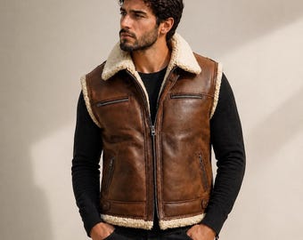 Mens Shearling Leather Vest, Genuine Sheepskin Waistcoat for Men, Vintage Western Aviator Leather Vest