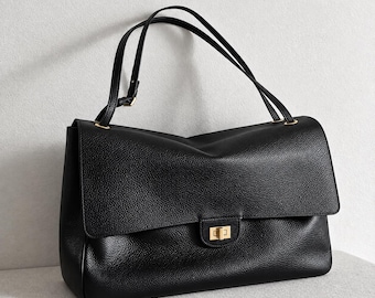 Women’s Genuine Leather Shoulder Bag, Soft Cow Leather Tote, Large Black Slouchy Leather Handbag