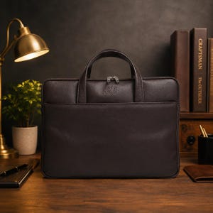 May include: A dark brown leather briefcase featuring two top handles, a zippered main compartment, and a front slip pocket. The bag displays a debossed logo on the upper front panel and includes silver-toned metal zipper pulls for closure.