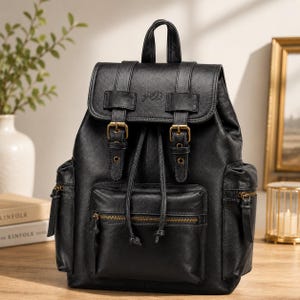Puede incluir: Una mochila de cuero negro con una solapa superior con dos correas de hebilla, un cierre de cordón y un bolsillo frontal con cremallera. La bolsa incluye dos bolsillos laterales con cremalleras, herrajes en tono latón antiguo y un logo.