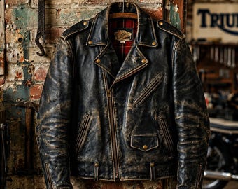 Giacca da motociclista in pelle di pecora nera effetto invecchiato, robusta giacca da motociclista vintage, cappotto da moto retrò