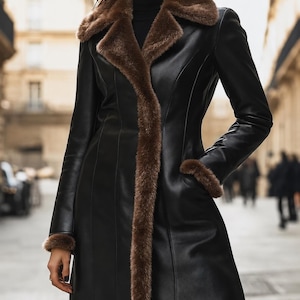 May include: A black long-length coat featuring a smooth finish, a wide collar, and cuffs trimmed with brown faux fur. The coat has a structured fit with vertical seam detailing and is worn over a black turtleneck top and black pants.
