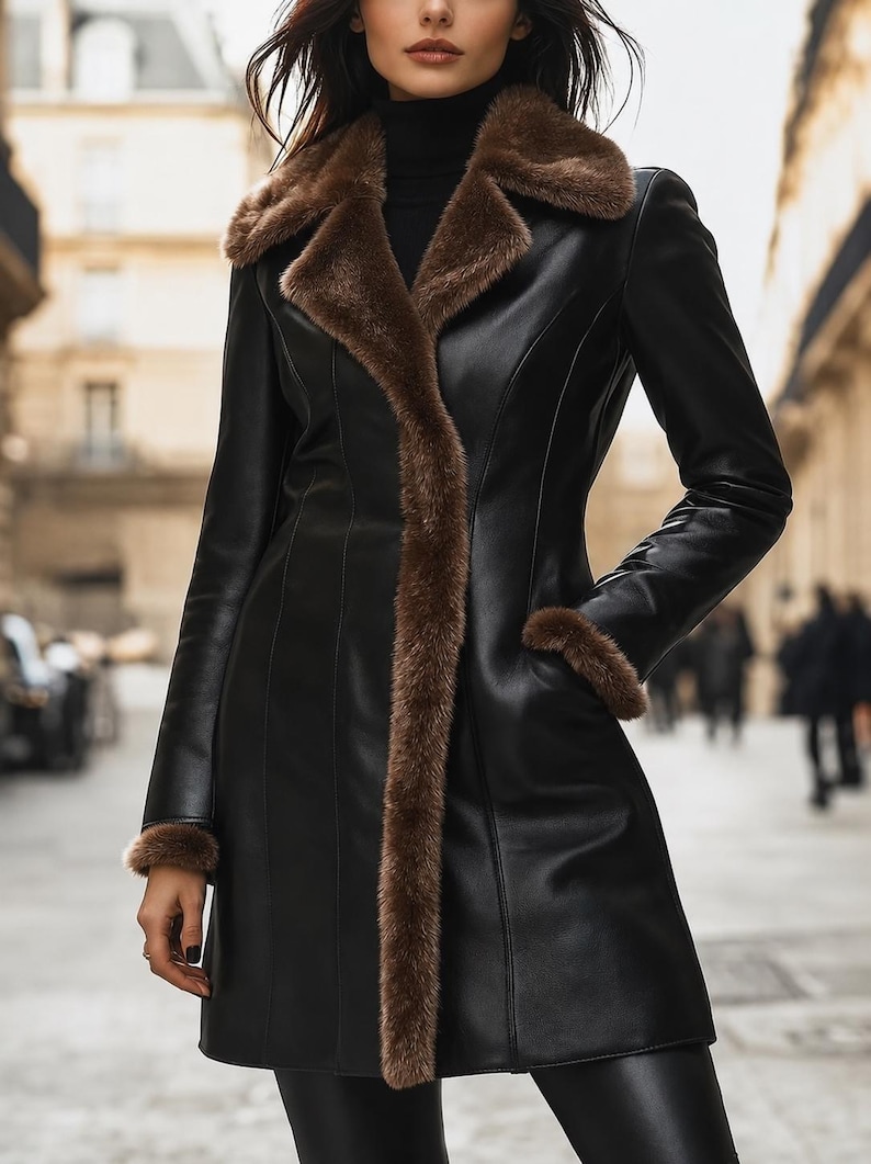 May include: A black long-length coat featuring a smooth finish, a wide collar, and cuffs trimmed with brown faux fur. The coat has a structured fit with vertical seam detailing and is worn over a black turtleneck top and black pants.