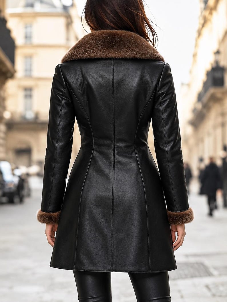 May include: A black leather coat featuring a brown fur collar and brown fur trim on the cuffs. The coat has a fitted waist, long sleeves, and a knee-length hemline, shown from the back view with vertical seam detailing throughout the garment.