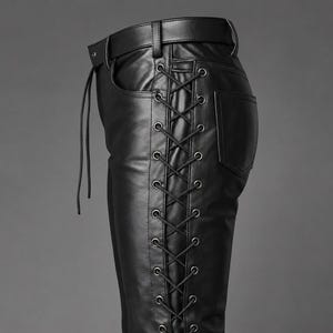 May include: Black leather pants featuring a side lace-up detail with silver-toned metal eyelets and black cord lacing. The pants include a waistband with belt loops, a front pocket, and a single back pocket, showcasing a smooth, matte finish.