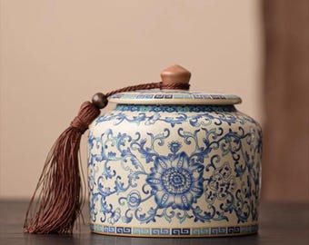 Blue White Ceramic Tea Caddy, Chinoiserie Floral Jar, Tassel Tea Ceremony Storage