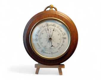 Vintage Franse houten en koperen barometer