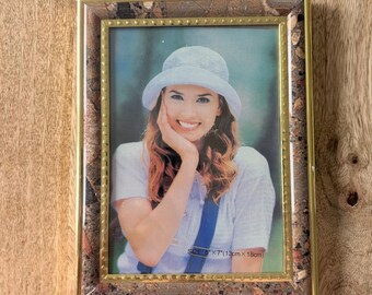90s Vintage Style Gold Beaded Faux Stone 5x7 Picture Frame Tabletop Wall Mount