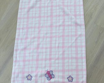 VNTG Carters Pink White Plaid Fleece Baby Blanket Butterfly Embroidered 30x40