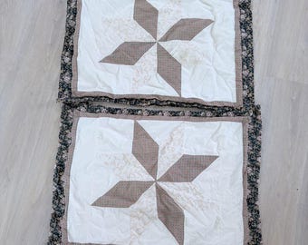 Vintage Quilted Star Patchwork Pillow Shams Set of 2 Floral Gingham Farmhouse