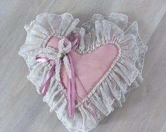 Vintage Pink Heart Lace Ruffle Decorative Pillow Coquette Shabby Chic Pearl Bow