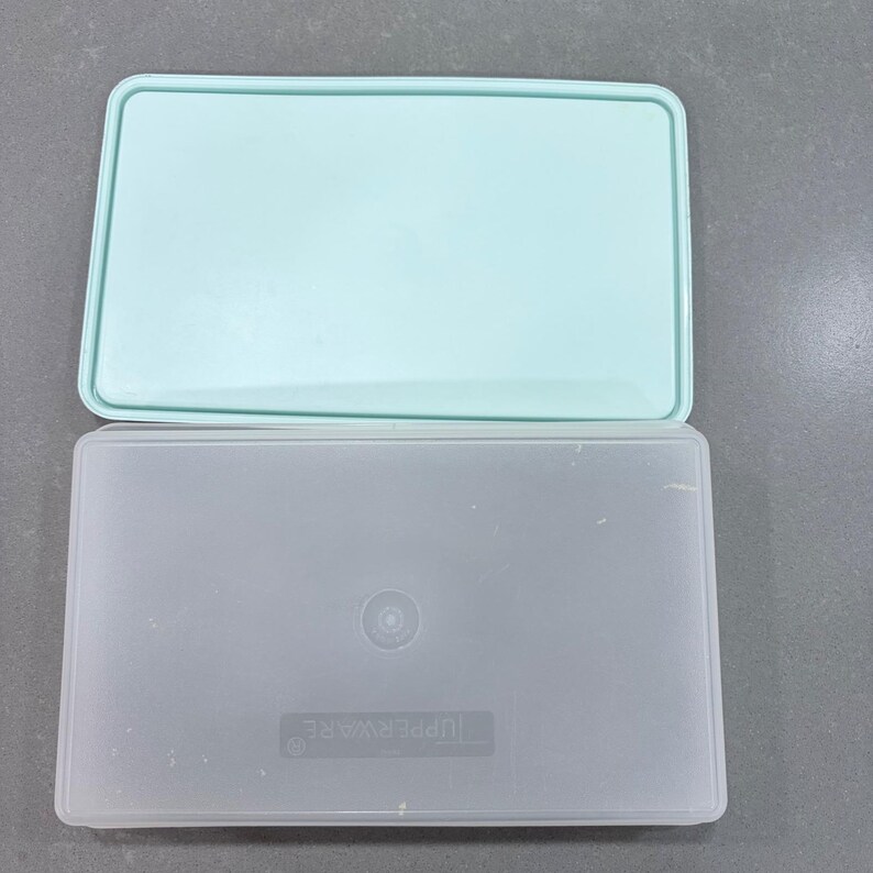 Vintage Tupperware 794-11 doorzichtige rechthoekige container mintgroen deksel 795-12 afbeelding 2