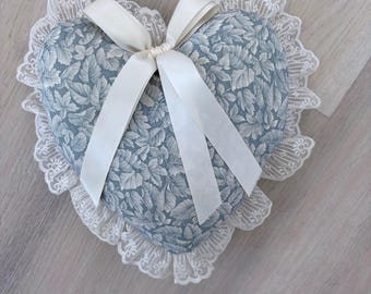 Vintage Heart Shaped Decorative Pillow Blue Floral Lace Trim Cream Ribbon Bow