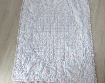 Vintage sheer Quilted Baby Blanket Pastel Floral Hot Air Balloon Ruffle 52x41