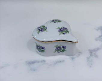 Vintage Lefton China Heart Trinket Box Purple Violets Hand Painted Japan 1945