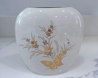 Otagiri Japan Cho-Cho Butterfly Floral Porcelain Vase Gold Rim Vintage White