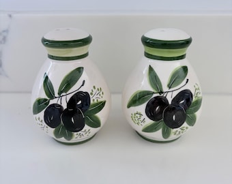 Vintage Hand Painted Ceramic Olive Branch Salt and Pepper Shakers Mediterranean