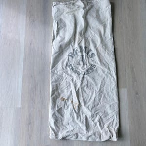 Puede incluir: Una bolsa larga de lona blanquecina con un gráfico circular gris descolorido que dice "Bemis Grain Bags". La bolsa tiene una textura ligeramente arrugada y una pequeña mancha marrón cerca de la parte inferior.
