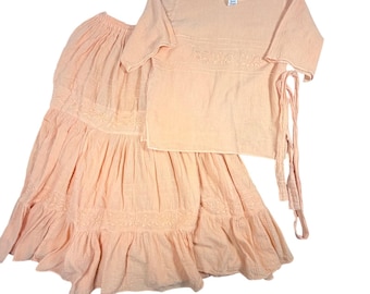 VNTG Juanita Banana Peach Cotton Gauze Embroidered Skirt and Top Set Womens M