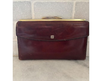 Vintage Bosca Burgund Leder Kiss Lock Clutch Brieftasche Oxblood Gold Tone Rahmen