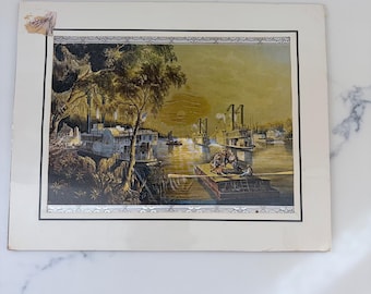Grabado en metal inglés de estilo vintage de Lyricard: Escena de un barco de vapor en un río. Impresión enmarcada de 10x8 pulgadas.