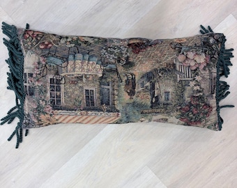 Vintage Woven Tapestry Lumbar Pillow European Cafe Scene Green Fringe 22x12