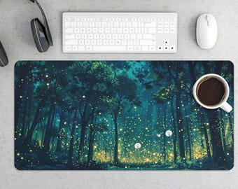 Tapis de souris gaming lucioles de la forêt enchantée | Tapis de bureau en bois brillant magique