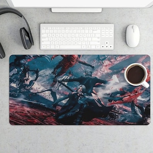 May include: A rectangular gaming mousepad featuring a dynamic action scene with characters in black and red tones. A white keyboard, mouse, and a cup of coffee are on the desk. A black headset is on the left.