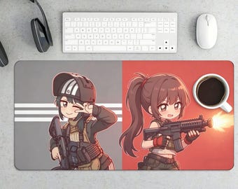 Tapis de souris gaming Chibi Anime Girl avec pistolet et casque - Tapis de bureau tactique kawaii
