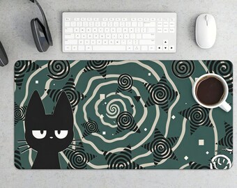 Tapis de souris gaming psychédélique Black Cat | Tapis de bureau galaxie spirale bleu sarcelle