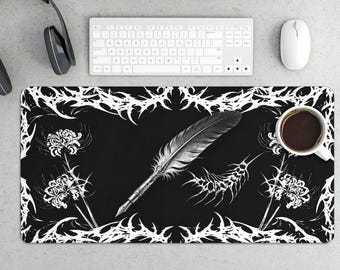 tapis de souris gothique vintage plume | Tapis de bureau noir et blanc fleurs d'épines