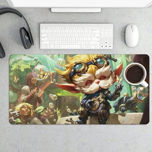 May include: A rectangular mousepad featuring a colorful illustration of a cartoon character with goggles and a mechanical device. The design includes a background with other characters, bubbles, and butterflies. A cup of coffee sits on the right.