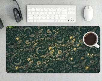 Tapis de bureau floral papillon lune | Tapis de souris gaming papillon vert foncé