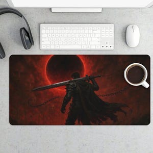 Crimson Eclipse Gaming Mouse Pad | Soulslike Fantasy Desk Mat | Red Moon Extended Playmat