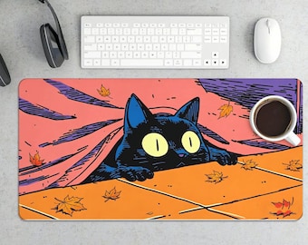 Grand tapis de bureau Feuille d'érable d'automne et chats noirs