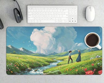 Tapis de souris gaming paysage anime Peaceful Meadow Walk - Grand tapis de bureau style Studio Ghibli