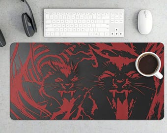 Tapis de souris de chat noir rouge en colère | Tapis de jeu gothique féroce