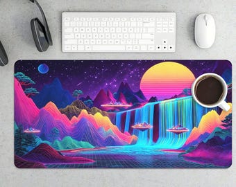 Tapis de souris et tapis de bureau gaming néon cascade Retrowave