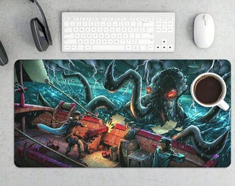 Tapis de souris de jeu Kraken Attack - Tapis de bureau pirate épique contre pieuvre géante
