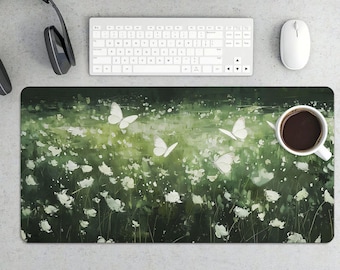 Tapis de bureau White Butterflies Meadow - Tapis de souris de jeu floral rêveur